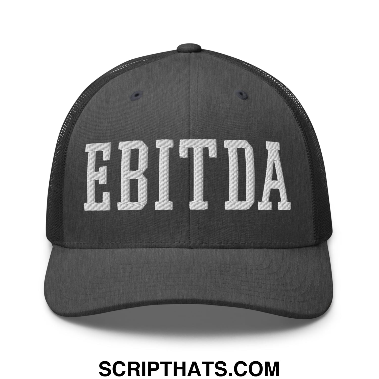 Black mesh trucker hat with white embroidered ebitda lettering across the front panel
