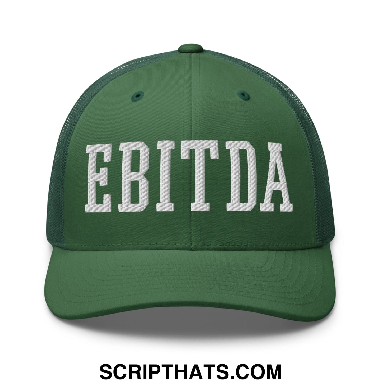 Dark green mesh trucker hat with white embroidered ebitda lettering across the front panel