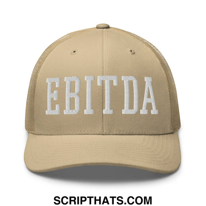 Beige mesh trucker hat with white embroidered ebitda lettering across the front for casual wear