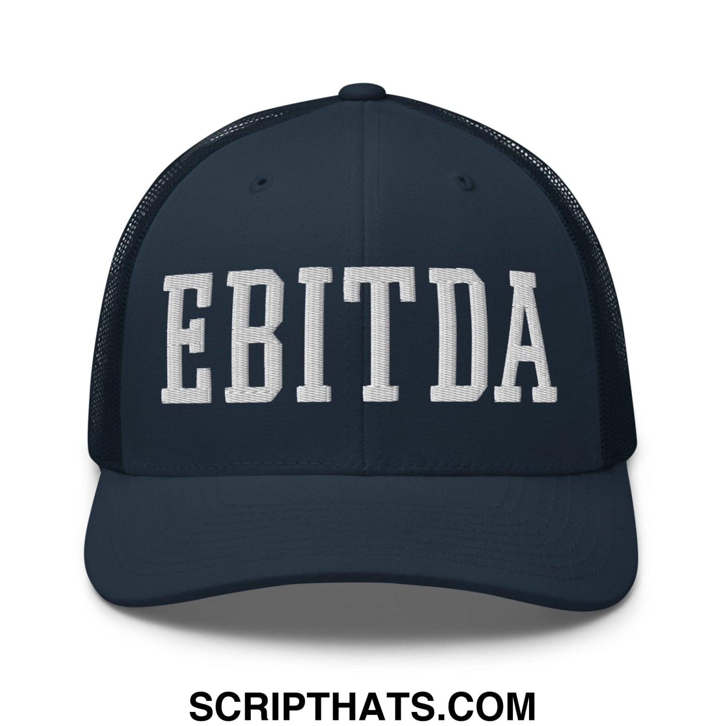 Dark navy blue mesh trucker hat with white embroidered ebitda lettering across the front panel