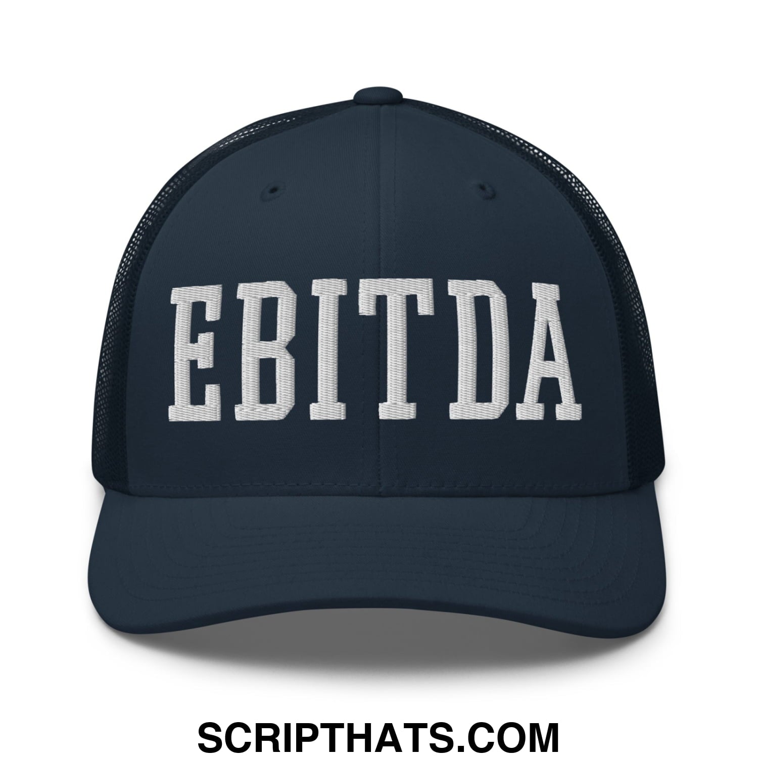 Dark navy blue mesh trucker hat with white embroidered ebitda lettering across the front panel