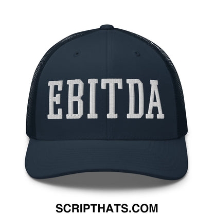 Dark navy blue mesh trucker hat with white embroidered ebitda lettering across the front panel