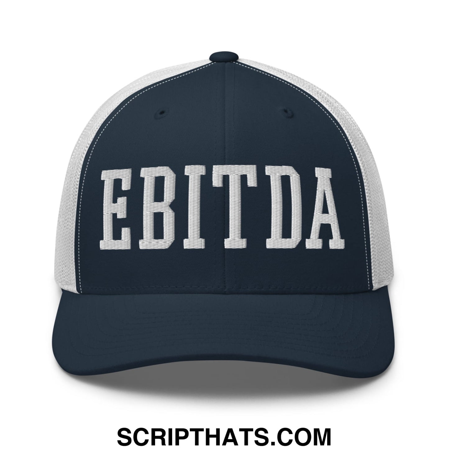 Navy blue and white mesh trucker hat with bold embroidered ebitda lettering on the front panel