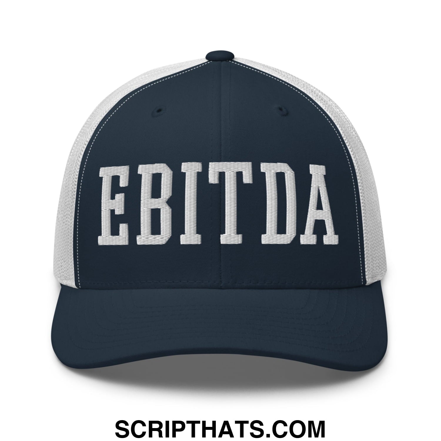 Navy blue and white mesh trucker hat with bold embroidered ebitda lettering on the front panel