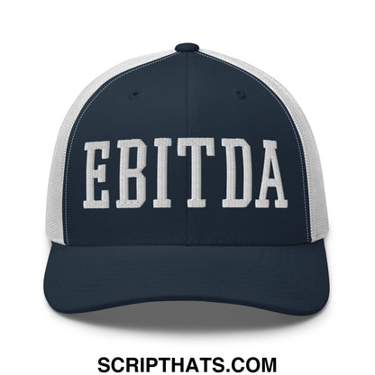Navy blue and white mesh trucker hat with bold embroidered ebitda lettering on the front panel