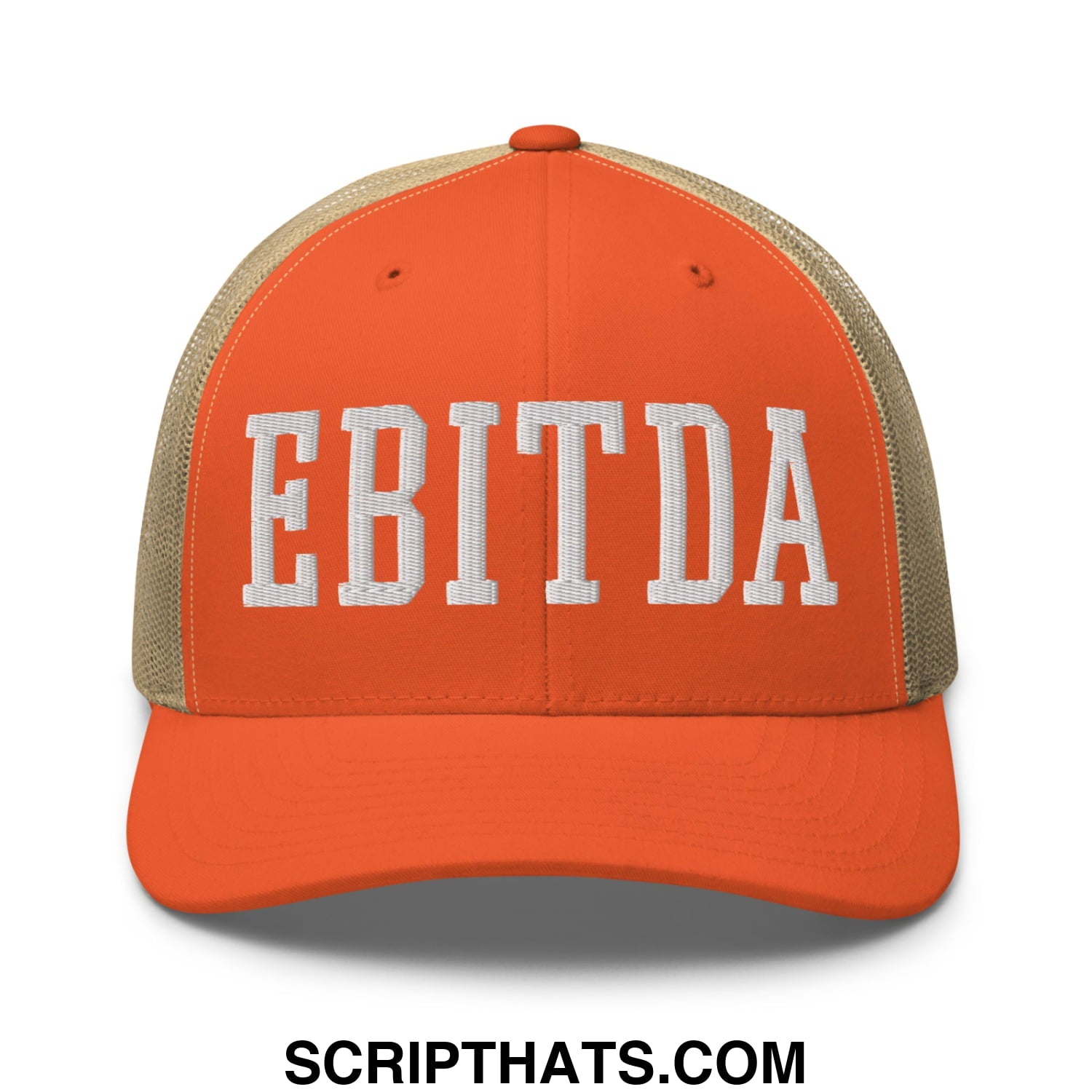Orange and beige mesh trucker hat with white embroidered ebitda lettering for casual wear