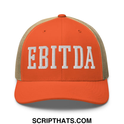 Orange and beige mesh trucker hat with white embroidered ebitda lettering for casual wear