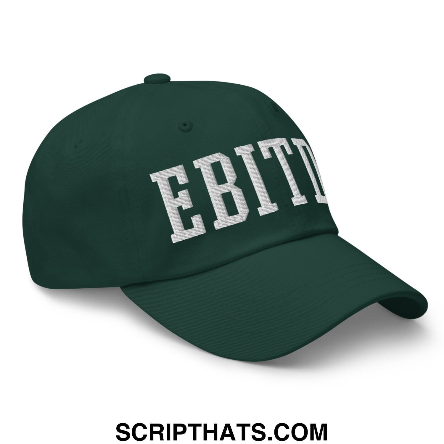 Dark green unstructured dad hat with white embroidered ebitda lettering on front suitable for casual wear