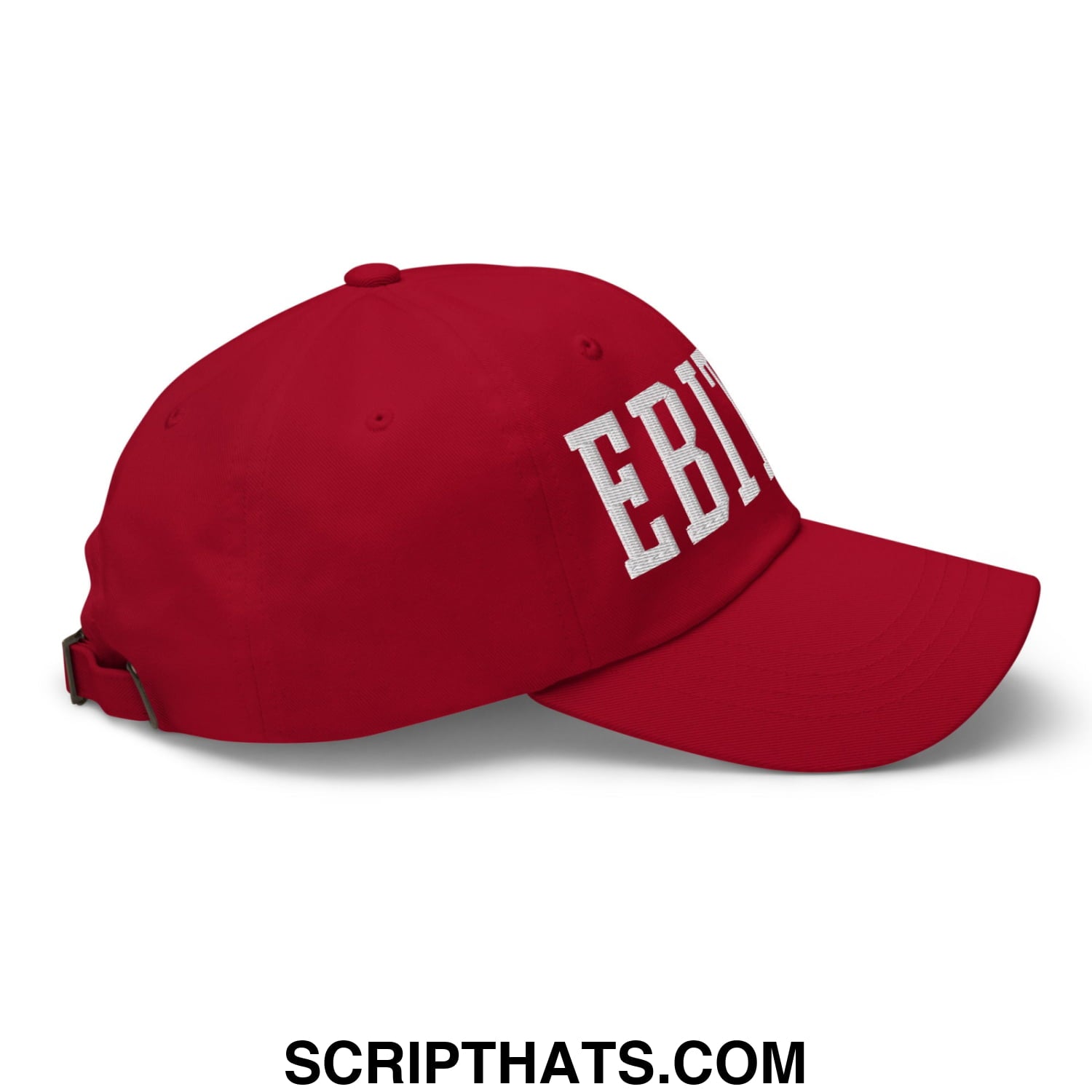 Red unstructured dad hat with white embroidered ebitda lettering made of soft cotton material