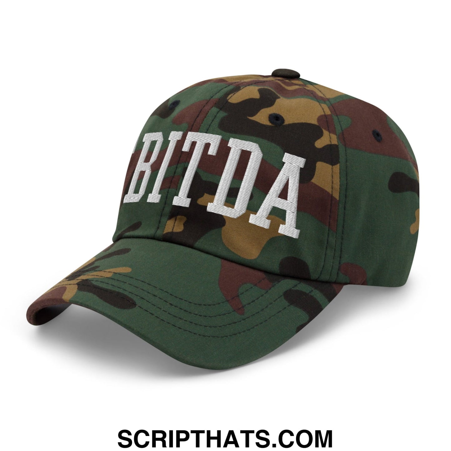Camouflage baseball cap with bitda embroidered in white arched lettering on front for casual wear