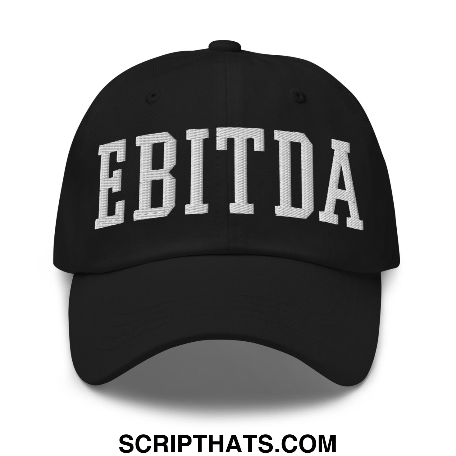 Black unstructured dad hat with white embroidered ebitda lettering in classic arched collegiate font