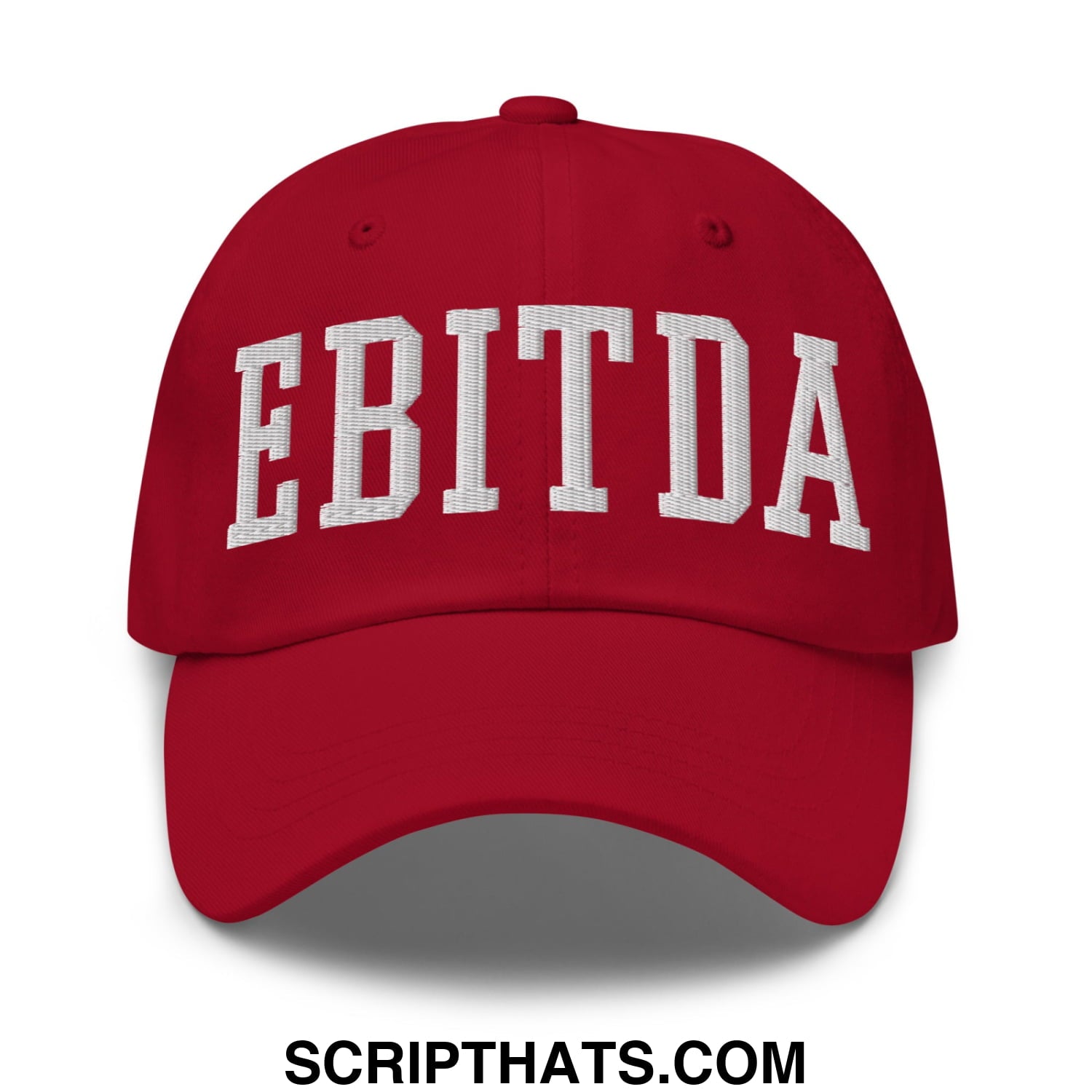 Red unstructured dad hat with white embroidered ebitda lettering perfect for casual wear and sun protection