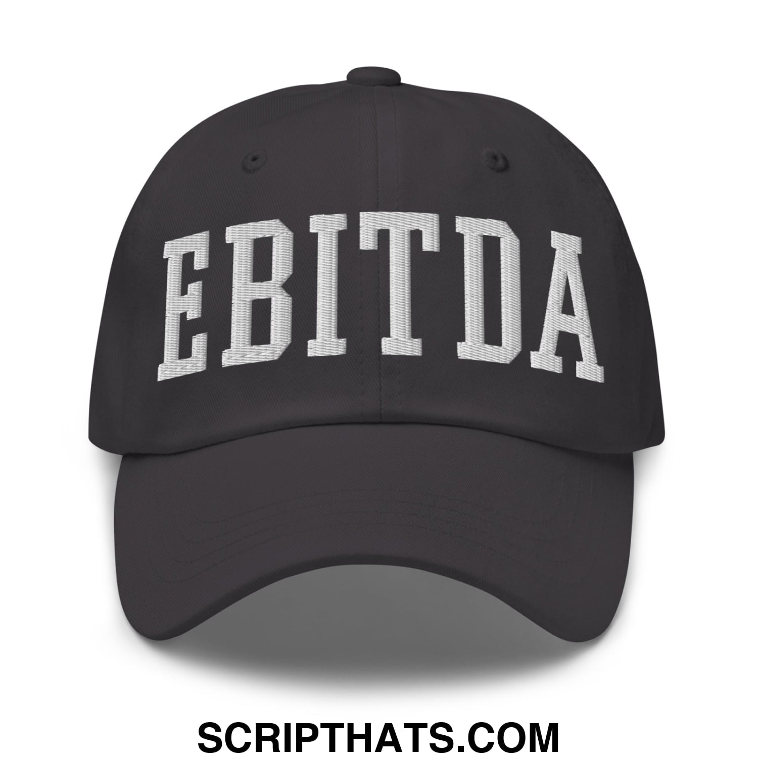 Black unstructured dad hat with white embroidered ebitda lettering in a classic collegiate arch design