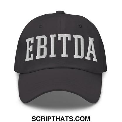 Black unstructured dad hat with white embroidered ebitda lettering in a classic collegiate arch design