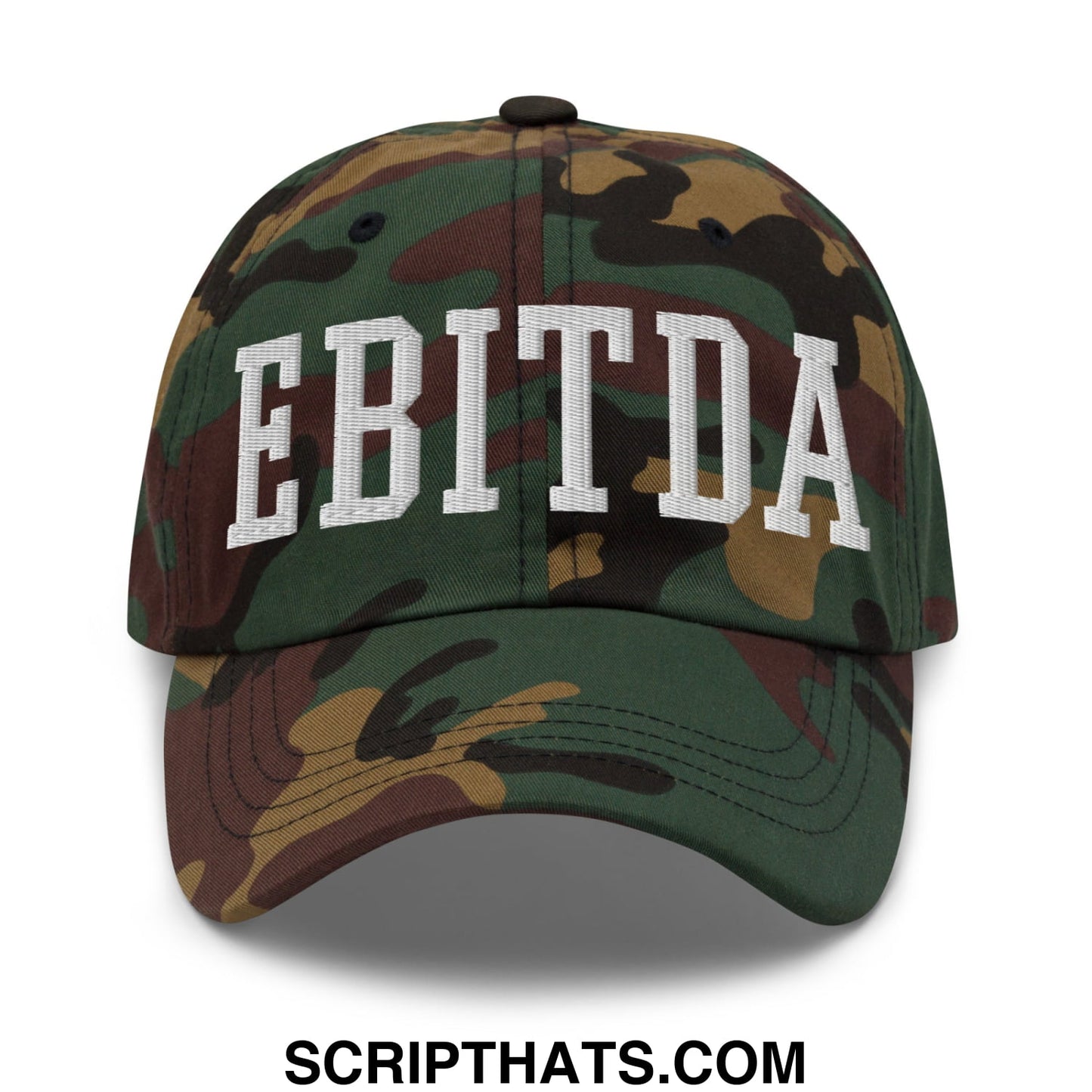 A camouflage unstructured dad hat with white embroidered lettering spelling ebitda across the front
