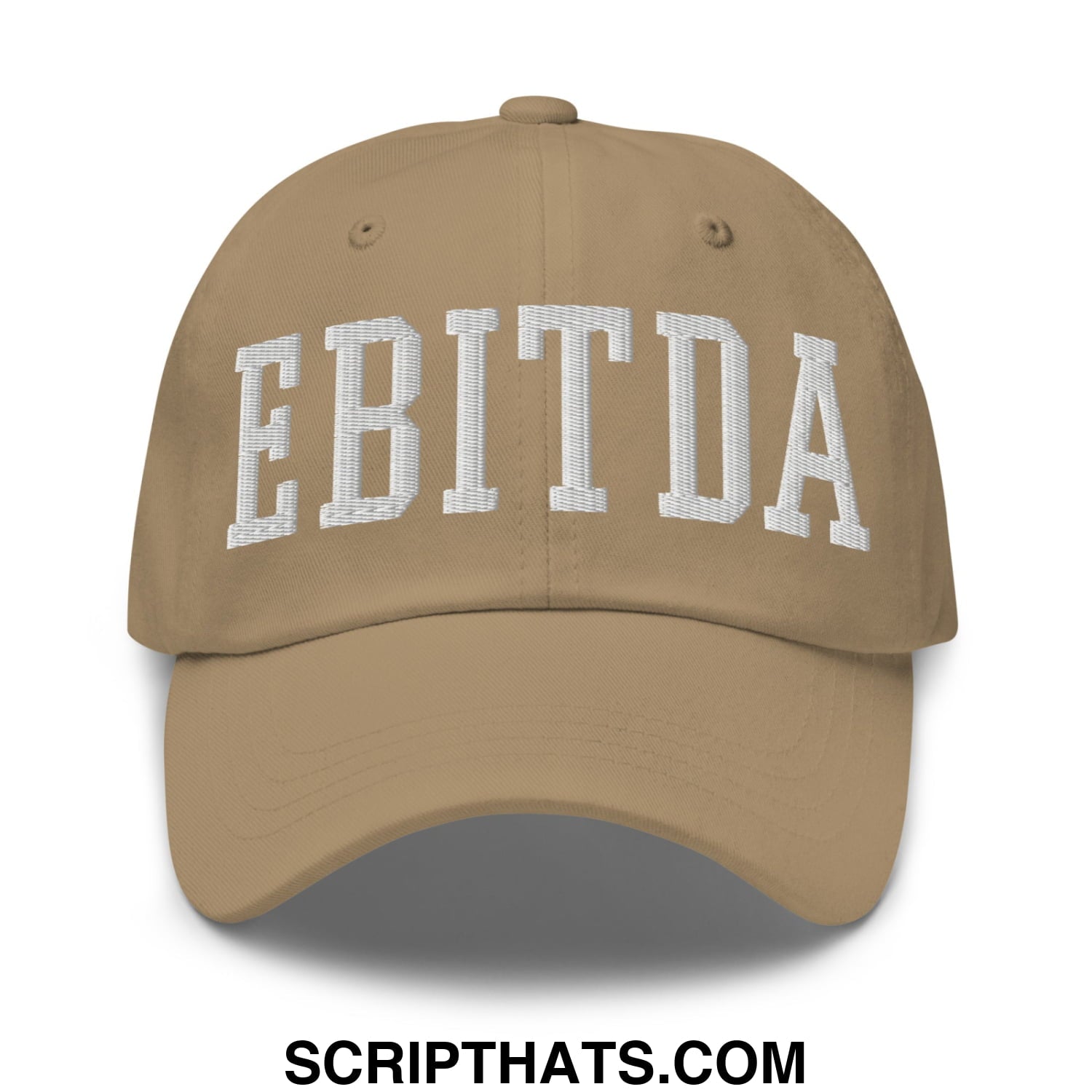 Tan baseball cap with white embroidered ebitda lettering on front in an embroidered unstructured dad hat style