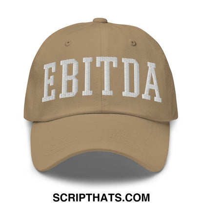 Tan baseball cap with white embroidered ebitda lettering on front in an embroidered unstructured dad hat style
