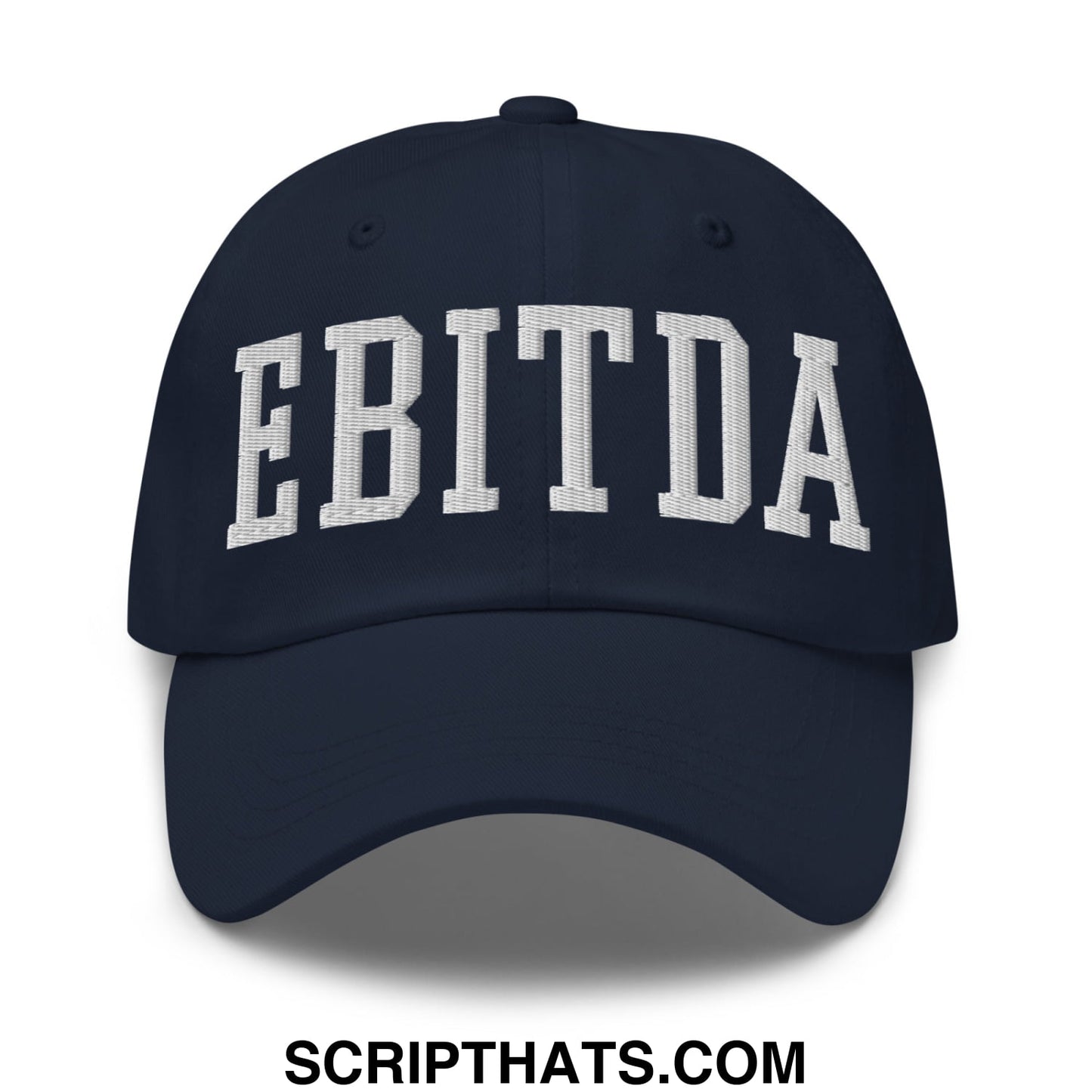 Navy blue unstructured dad hat with white embroidered ebitda lettering in classic arched collegiate style