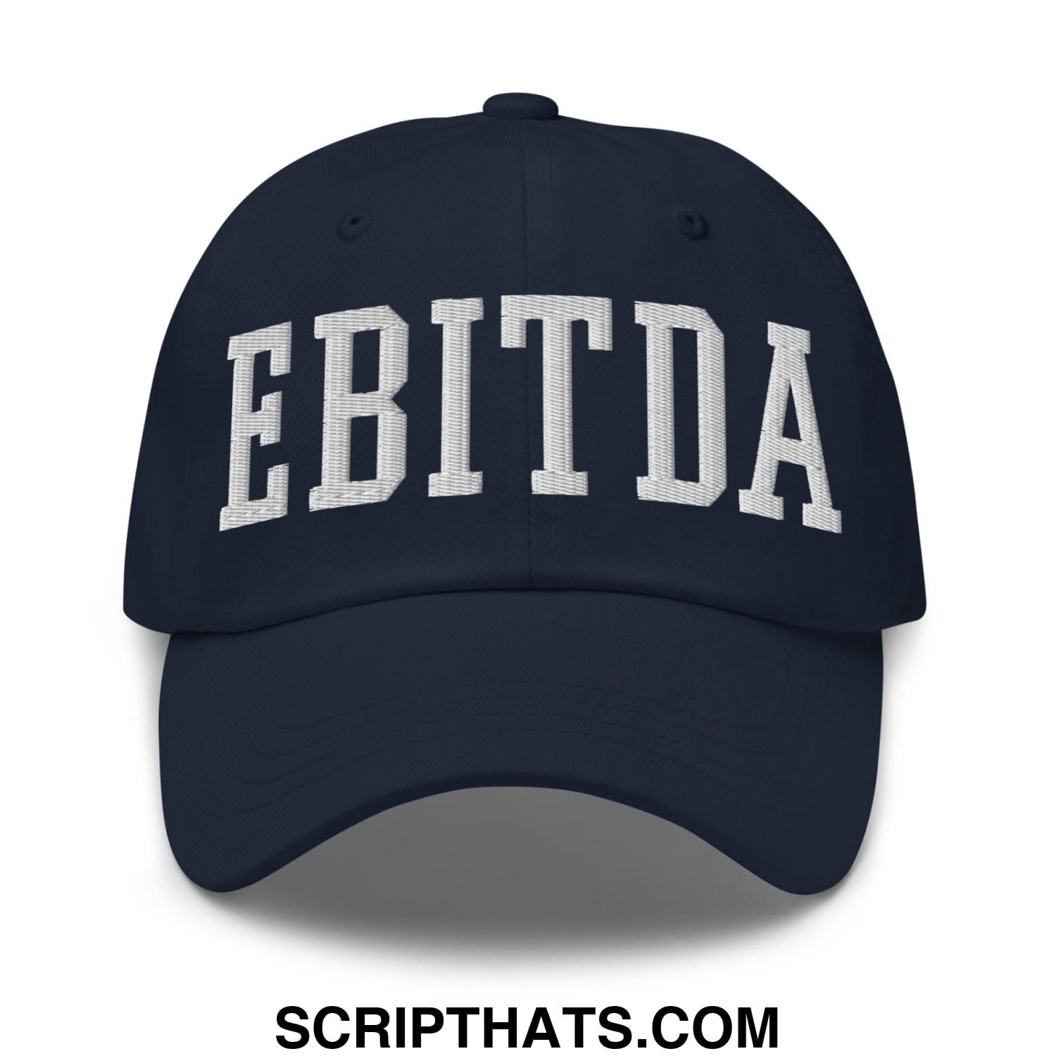Navy blue unstructured dad hat with white embroidered ebitda lettering in classic arched collegiate style