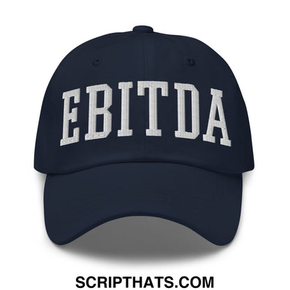 Navy blue unstructured dad hat with white embroidered ebitda lettering in classic arched collegiate style