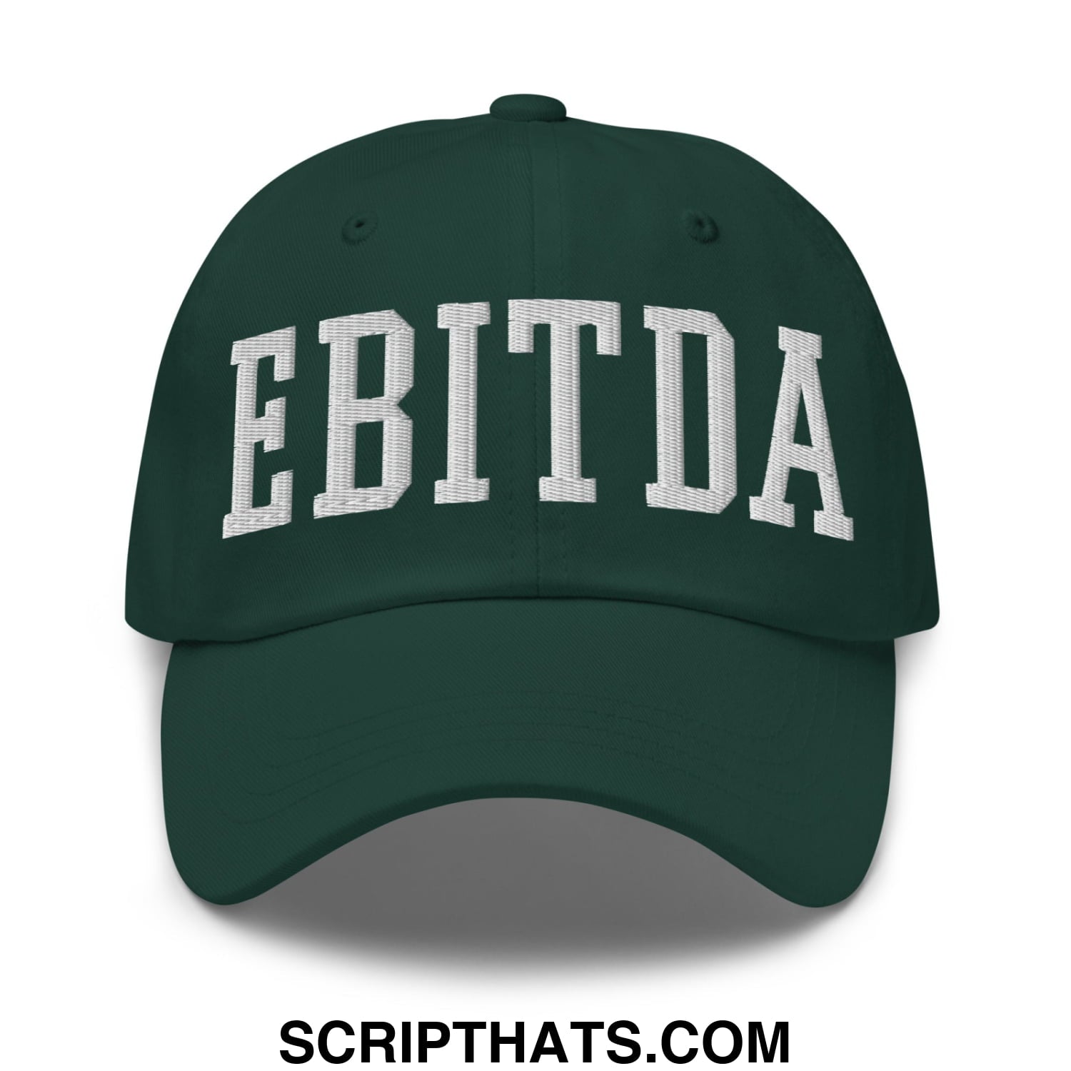 Dark green unstructured dad hat with white embroidered ebitda lettering in a classic arched design