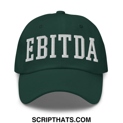 Dark green unstructured dad hat with white embroidered ebitda lettering in a classic arched design