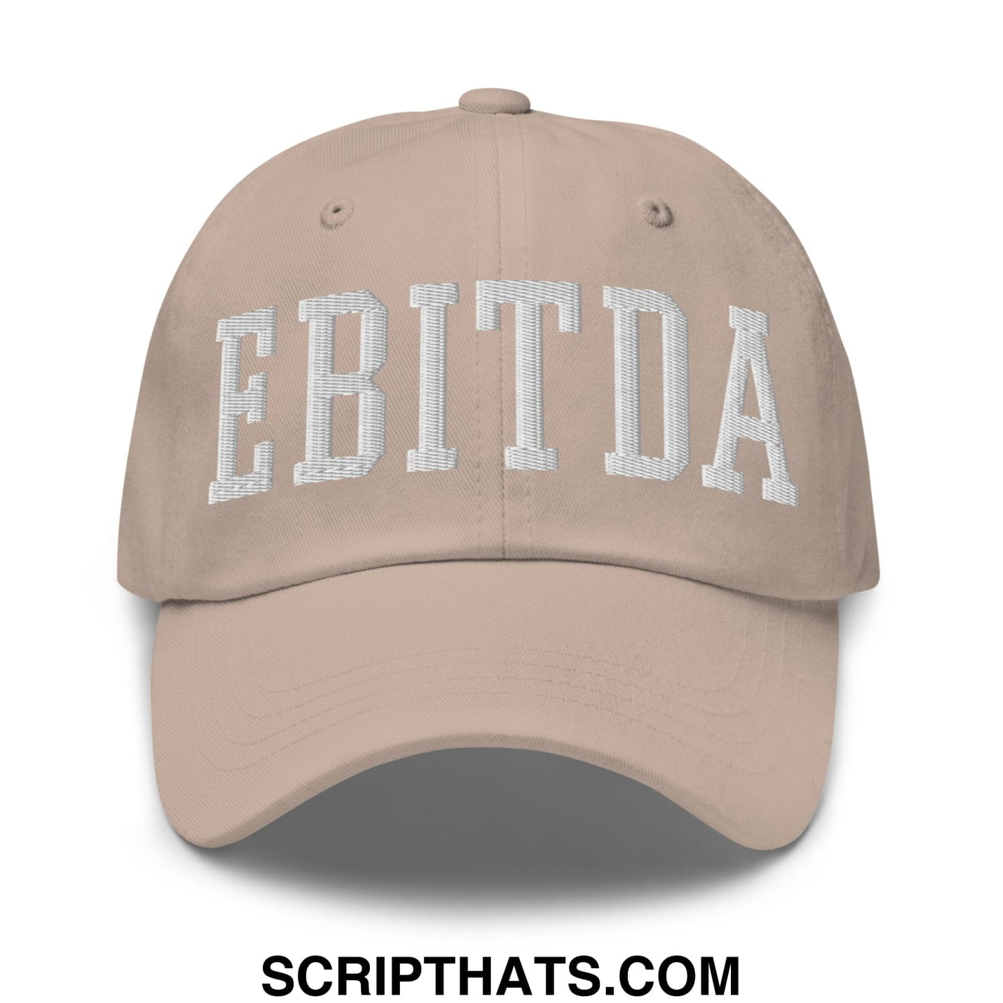 Beige unstructured dad hat with white embroidered ebitda lettering made of soft cotton fabric for casual wear