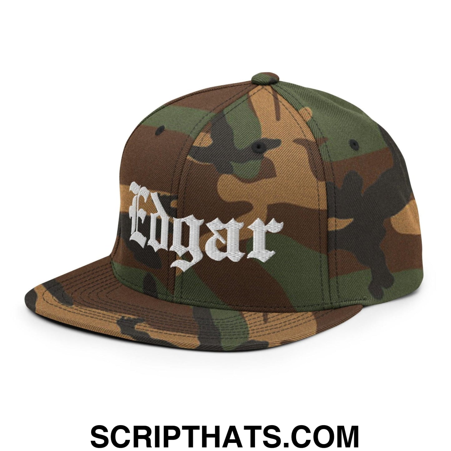 Edgar Old English Embroidered Flat Bill Brim Snapback Hat Green Camo