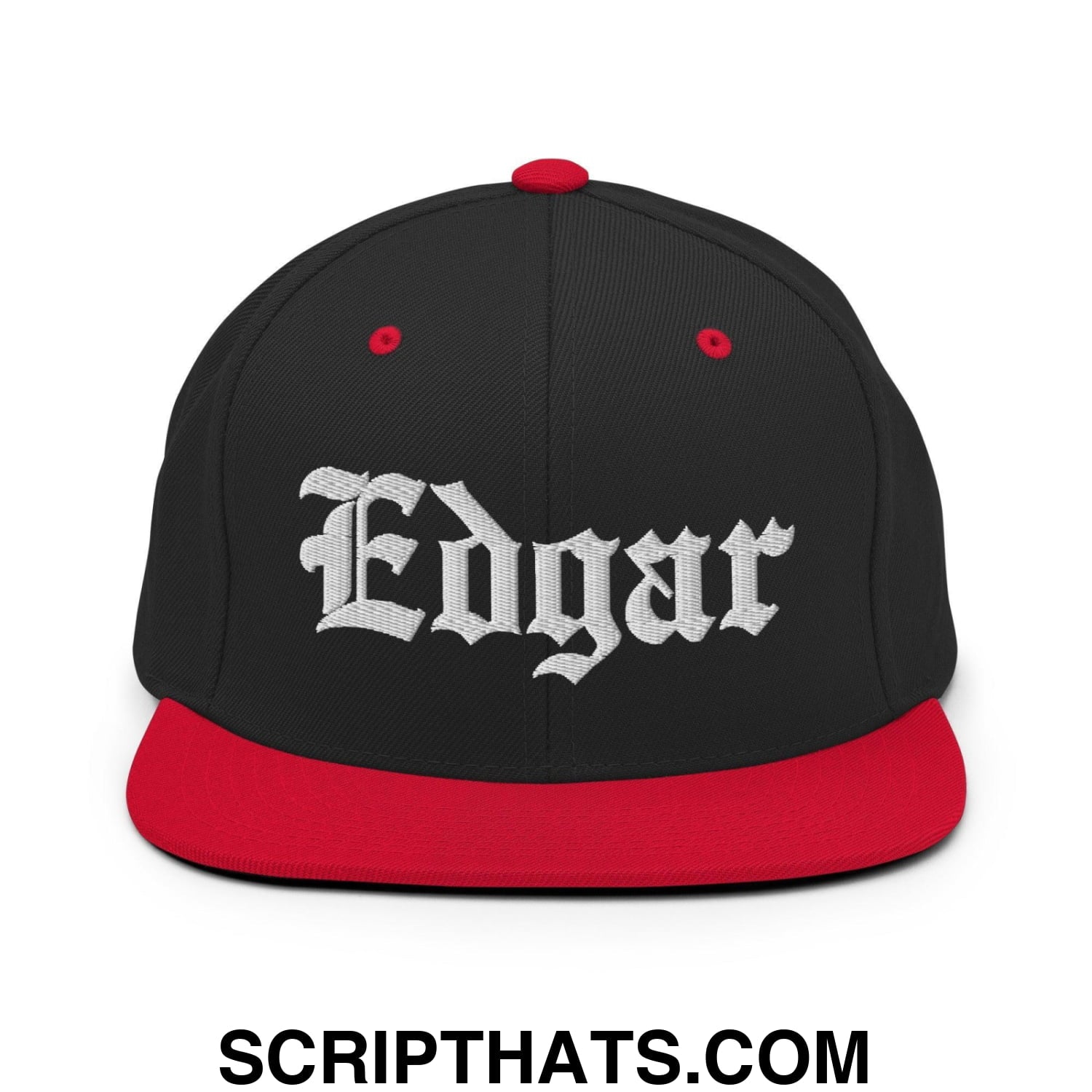 Edgar Old English Embroidered Flat Bill Brim Snapback Hat Black Red