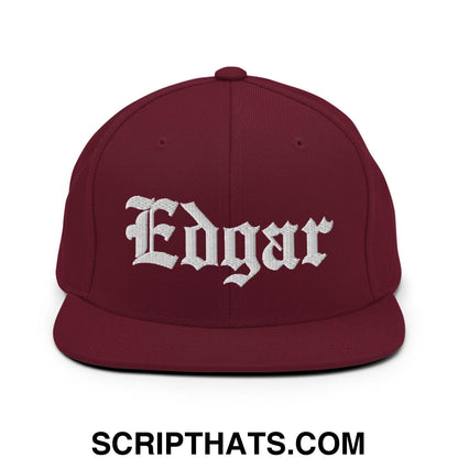 Edgar Old English Embroidered Flat Bill Brim Snapback Hat Maroon