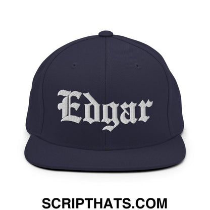 Edgar Old English Embroidered Flat Bill Brim Snapback Hat Navy