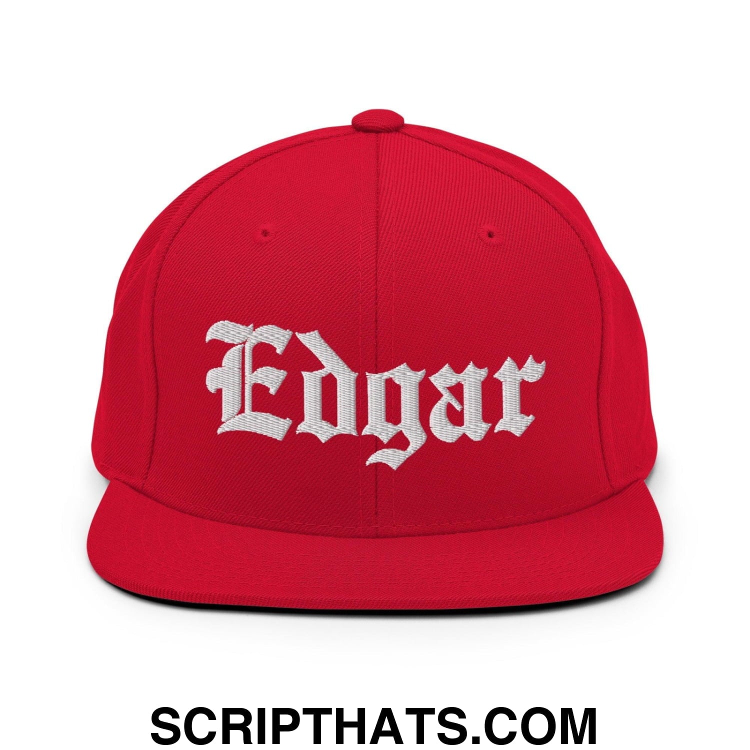 Edgar Old English Embroidered Flat Bill Brim Snapback Hat Red
