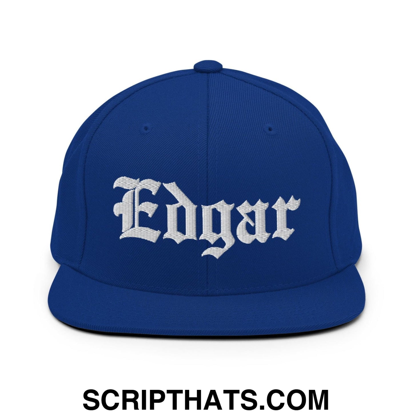 Edgar Old English Embroidered Flat Bill Brim Snapback Hat Royal Blue
