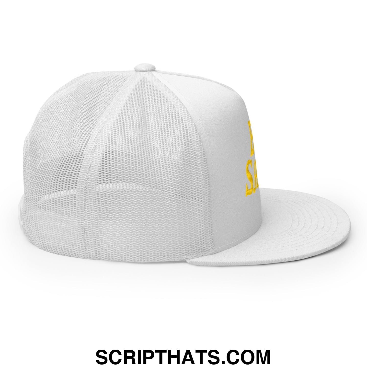 Egg Salad Embroidered Flat Bill Brim Mesh Trucker Hat White