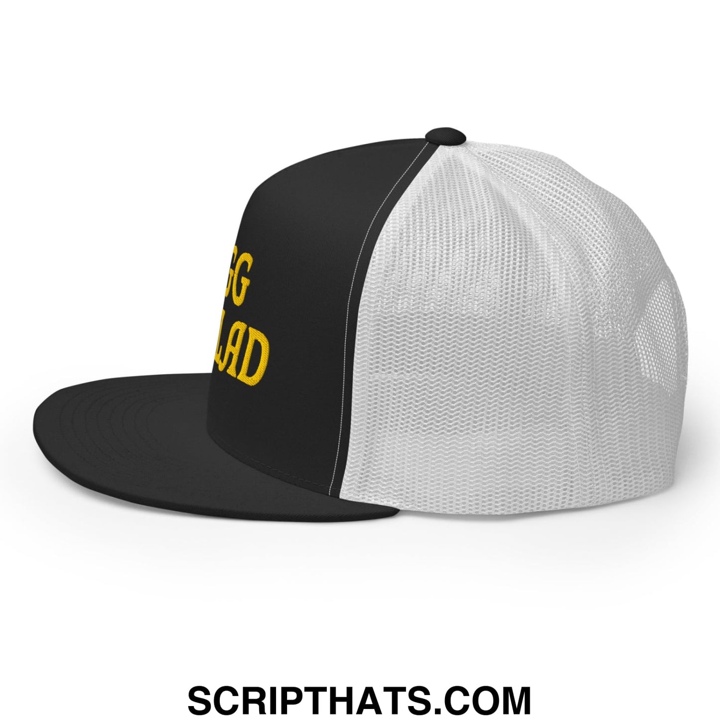 Egg Salad Embroidered Flat Bill Brim Mesh Trucker Hat Black White