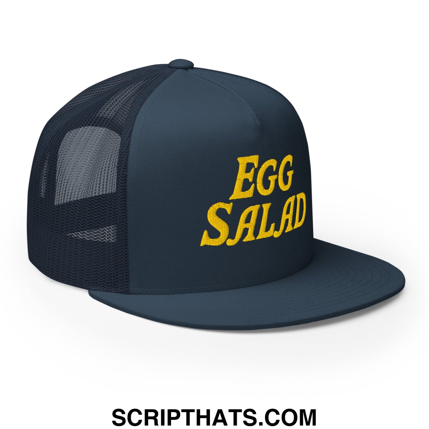 Egg Salad Embroidered Flat Bill Brim Mesh Trucker Hat Navy
