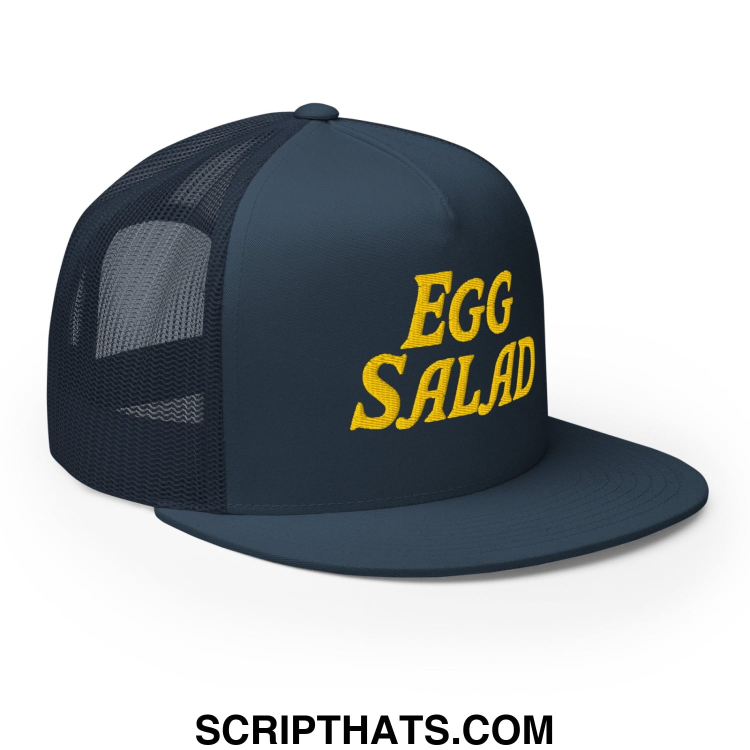 Egg Salad Embroidered Flat Bill Brim Mesh Trucker Hat Navy
