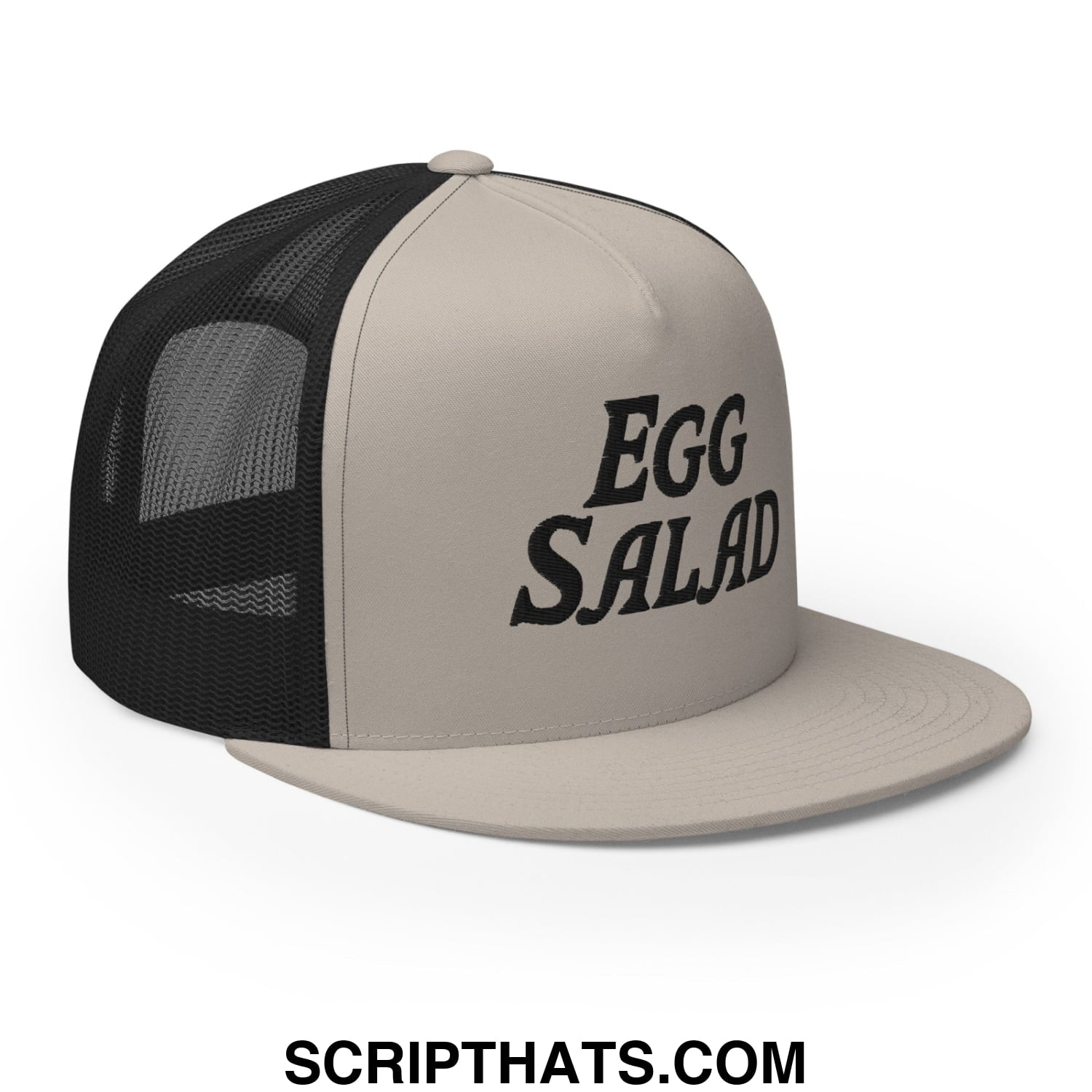 Egg Salad Embroidered Flat Bill Brim Mesh Trucker Hat Silver Black