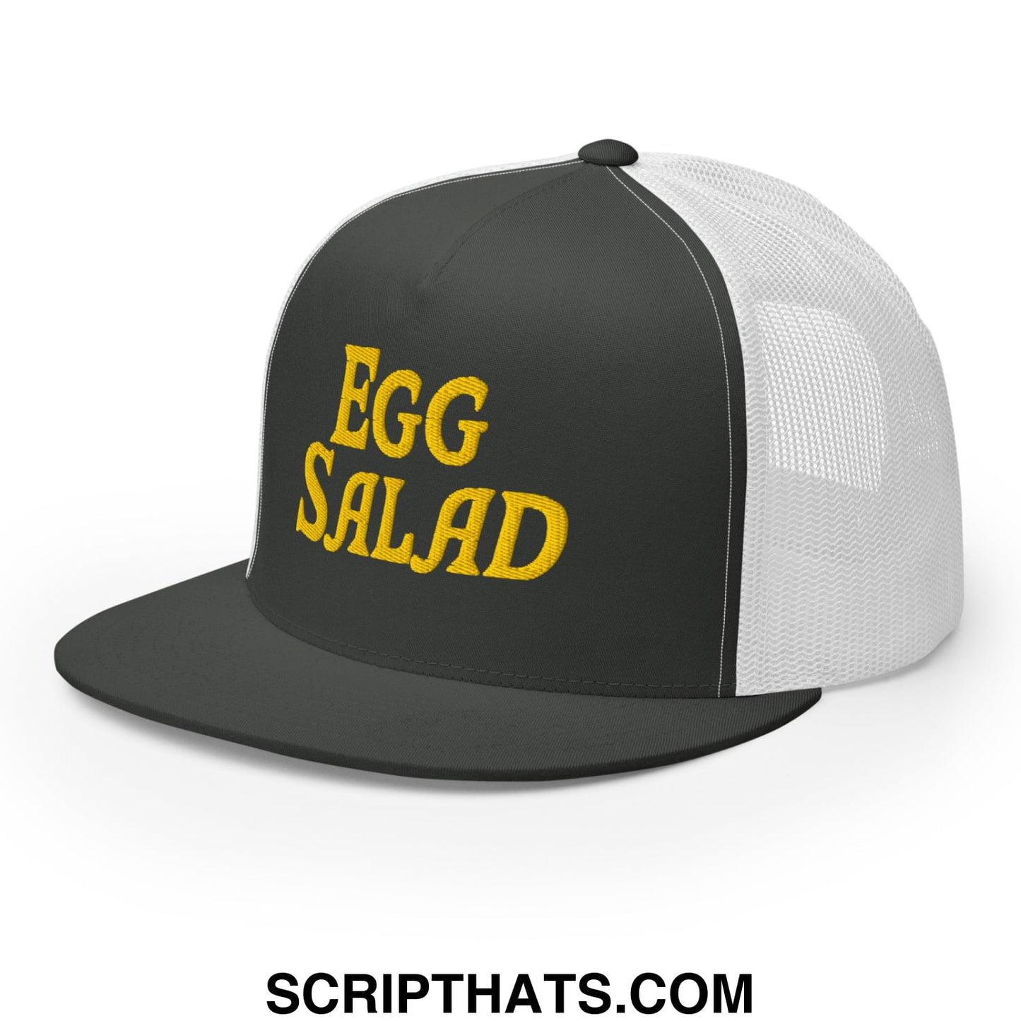 Egg Salad Embroidered Flat Bill Brim Mesh Trucker Hat Charcoal White
