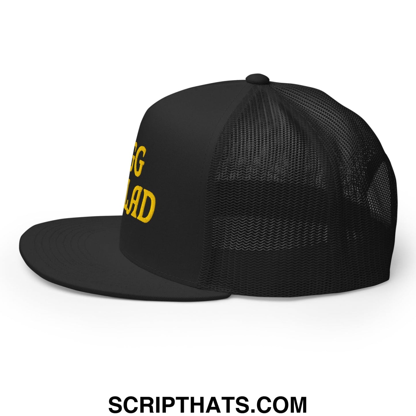 Egg Salad Embroidered Flat Bill Brim Mesh Trucker Hat Black