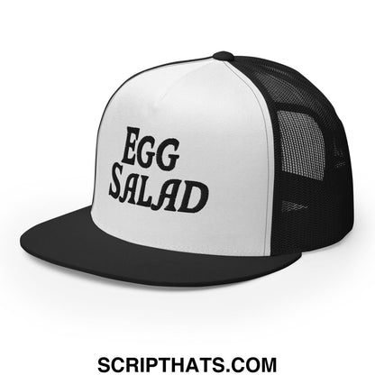 Egg Salad Embroidered Flat Bill Brim Mesh Trucker Hat Black White Black