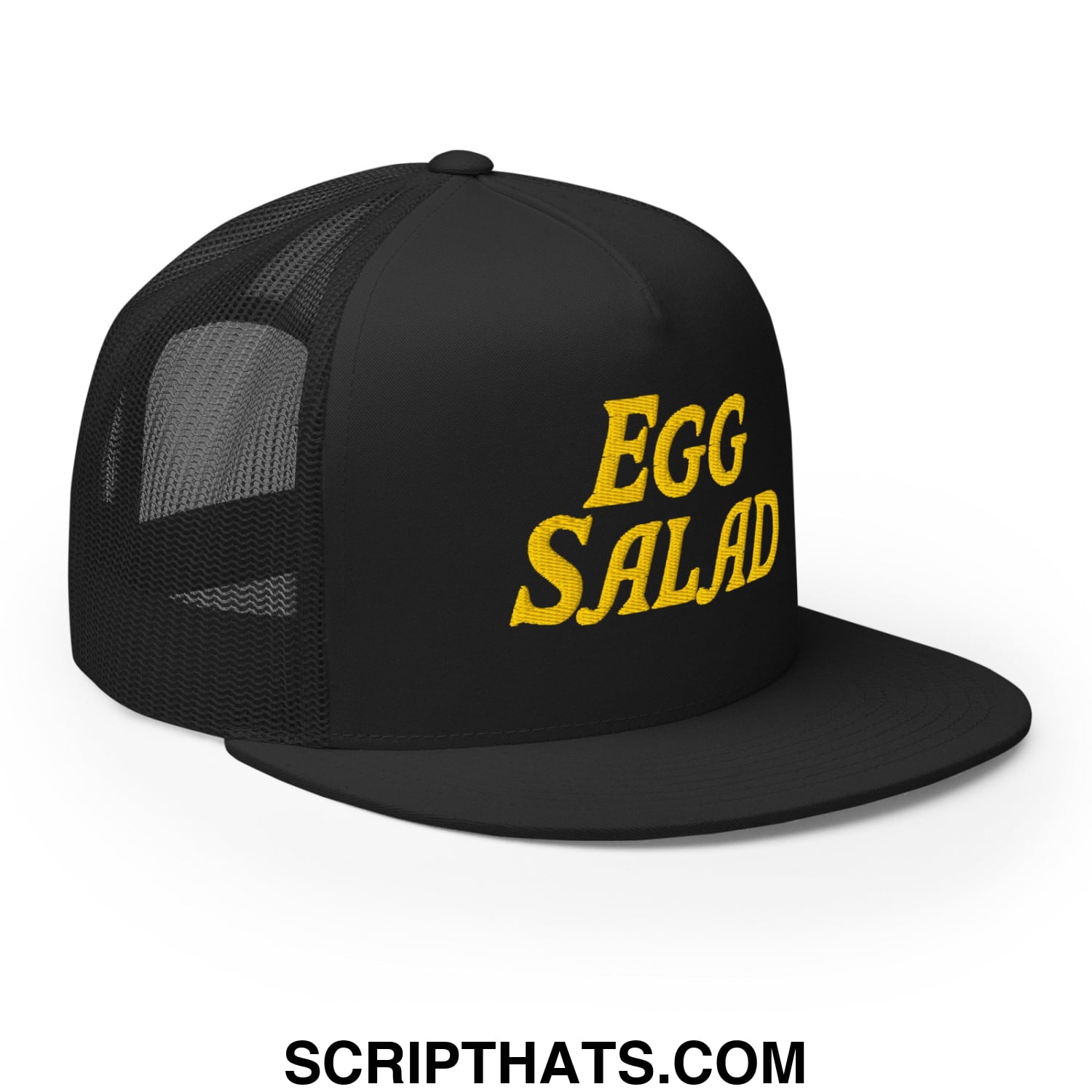 Egg Salad Embroidered Flat Bill Brim Mesh Trucker Hat Black
