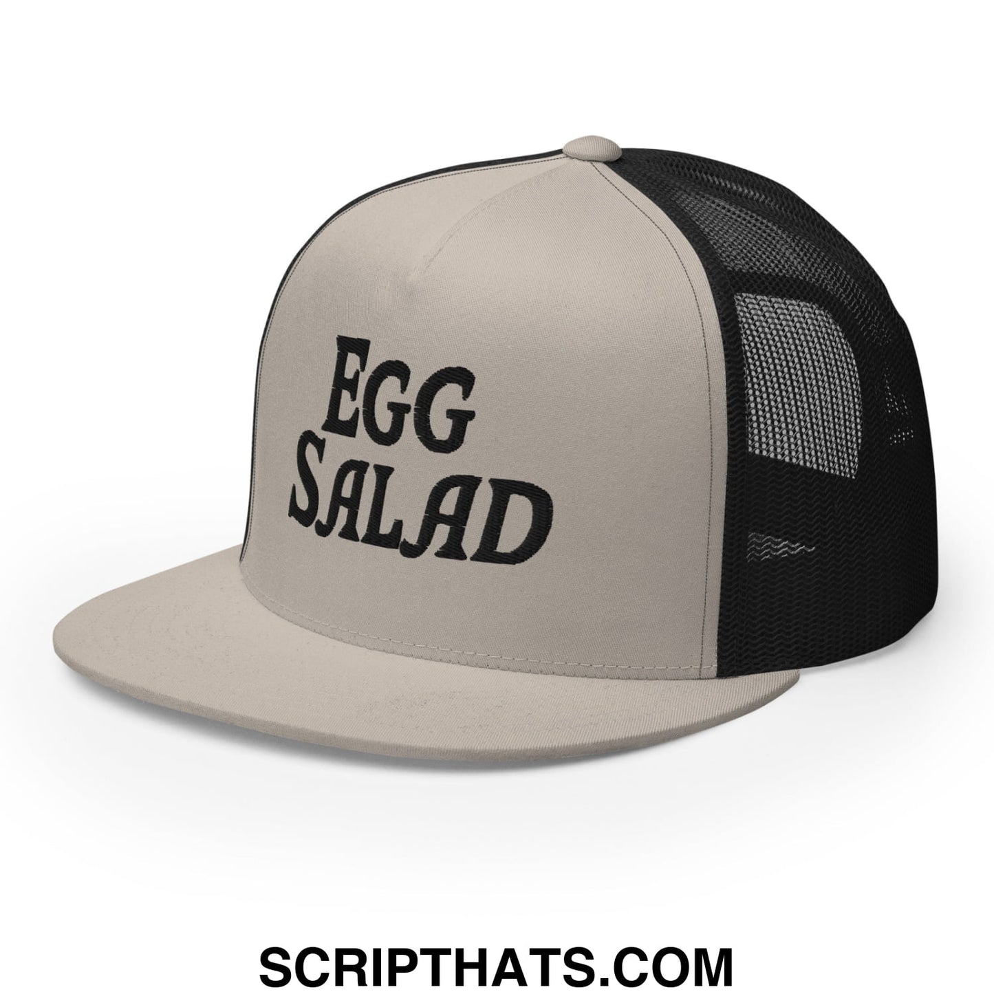 Egg Salad Embroidered Flat Bill Brim Mesh Trucker Hat Silver Black