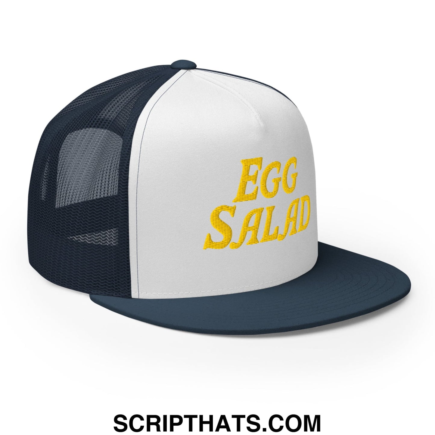 Egg Salad Embroidered Flat Bill Brim Mesh Trucker Hat Navy White Navy