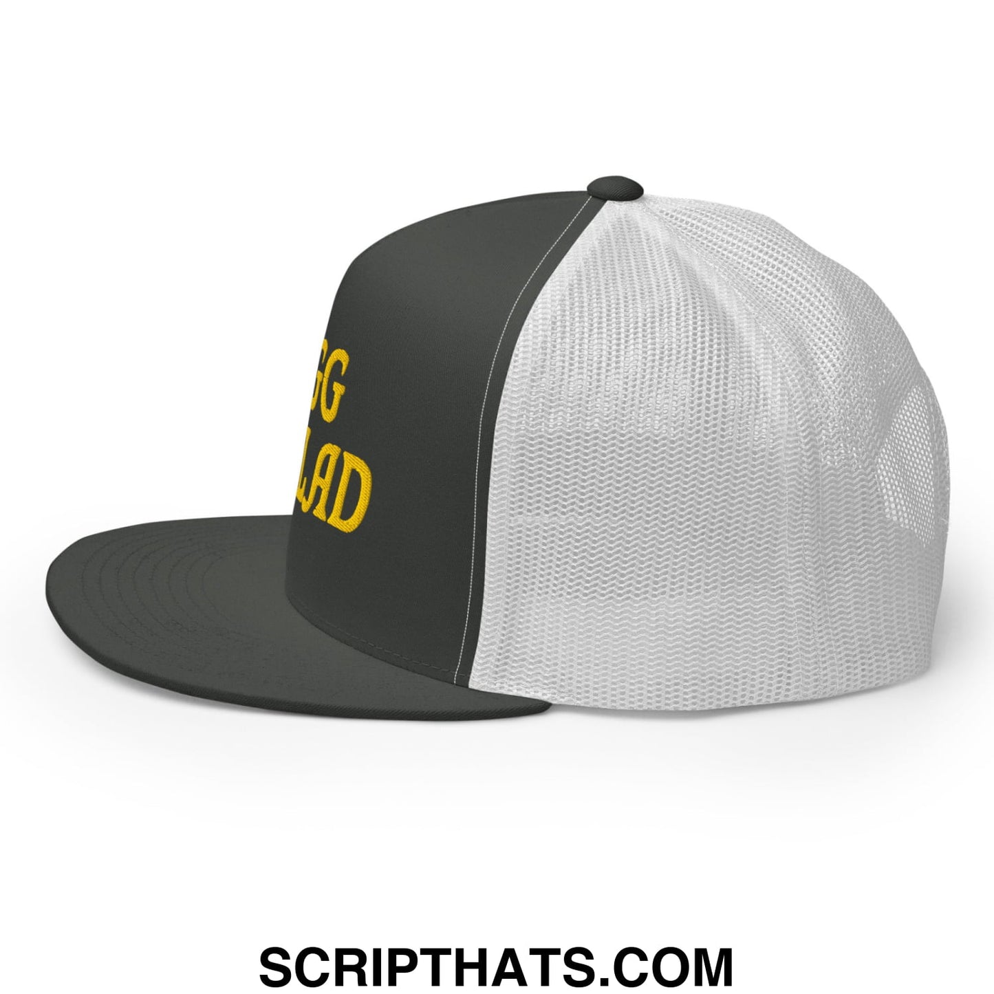 Egg Salad Embroidered Flat Bill Brim Mesh Trucker Hat Charcoal White