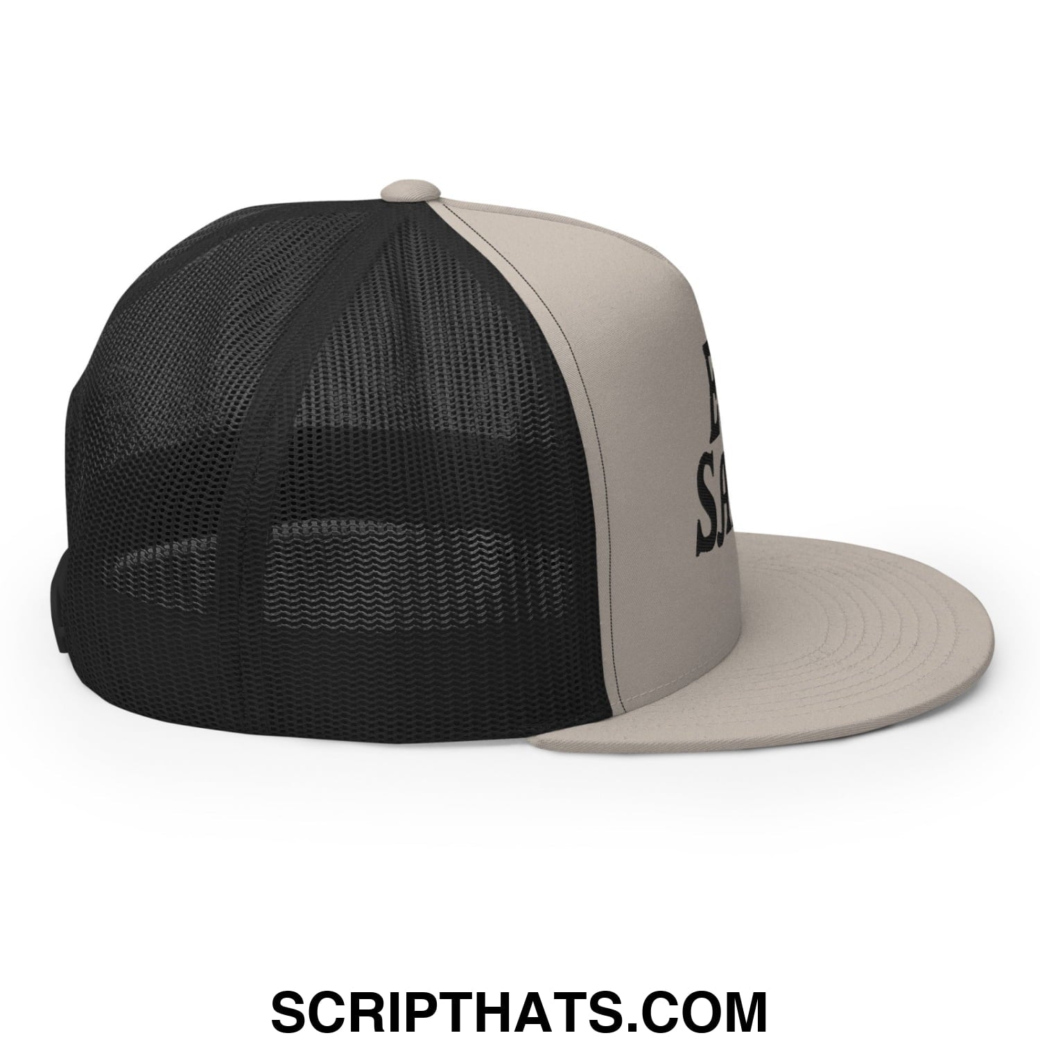Egg Salad Embroidered Flat Bill Brim Mesh Trucker Hat Silver Black