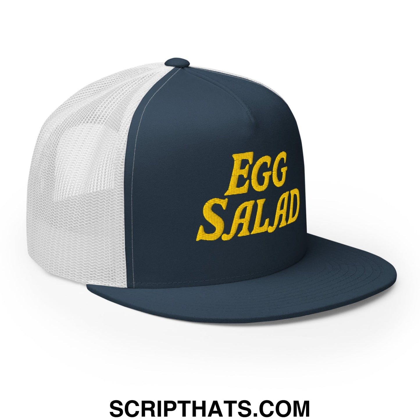 Egg Salad Embroidered Flat Bill Brim Mesh Trucker Hat Navy White