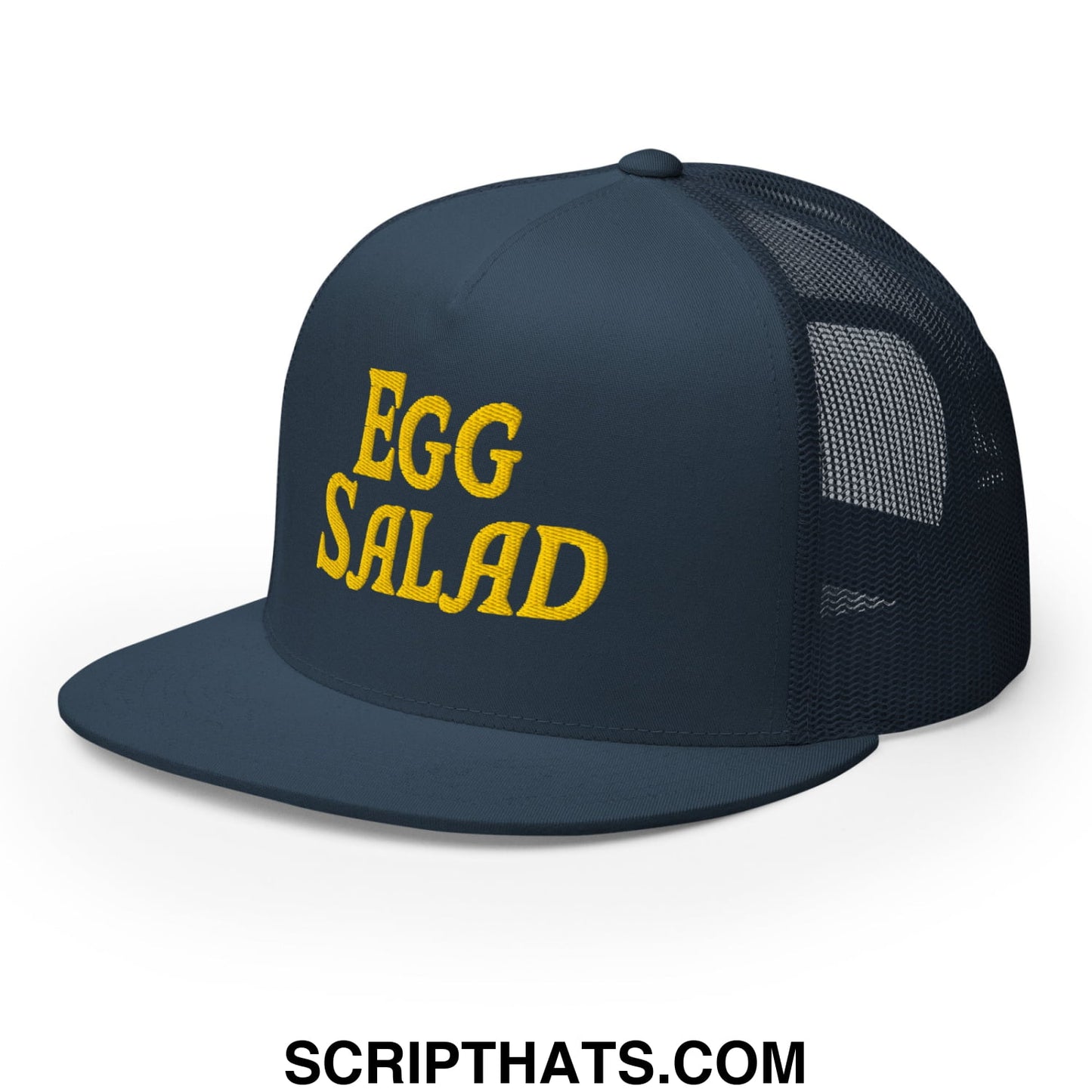 Egg Salad Embroidered Flat Bill Brim Mesh Trucker Hat Navy