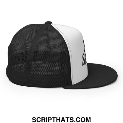 Egg Salad Embroidered Flat Bill Brim Mesh Trucker Hat Black White Black