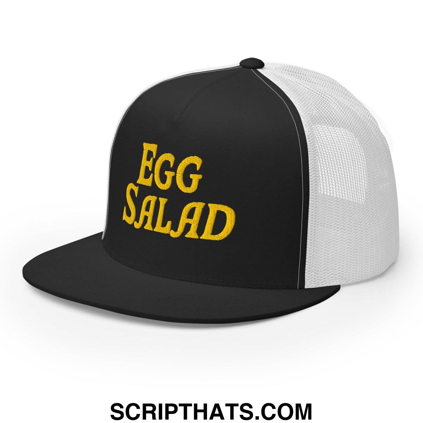 Egg Salad Embroidered Flat Bill Brim Mesh Trucker Hat Black White
